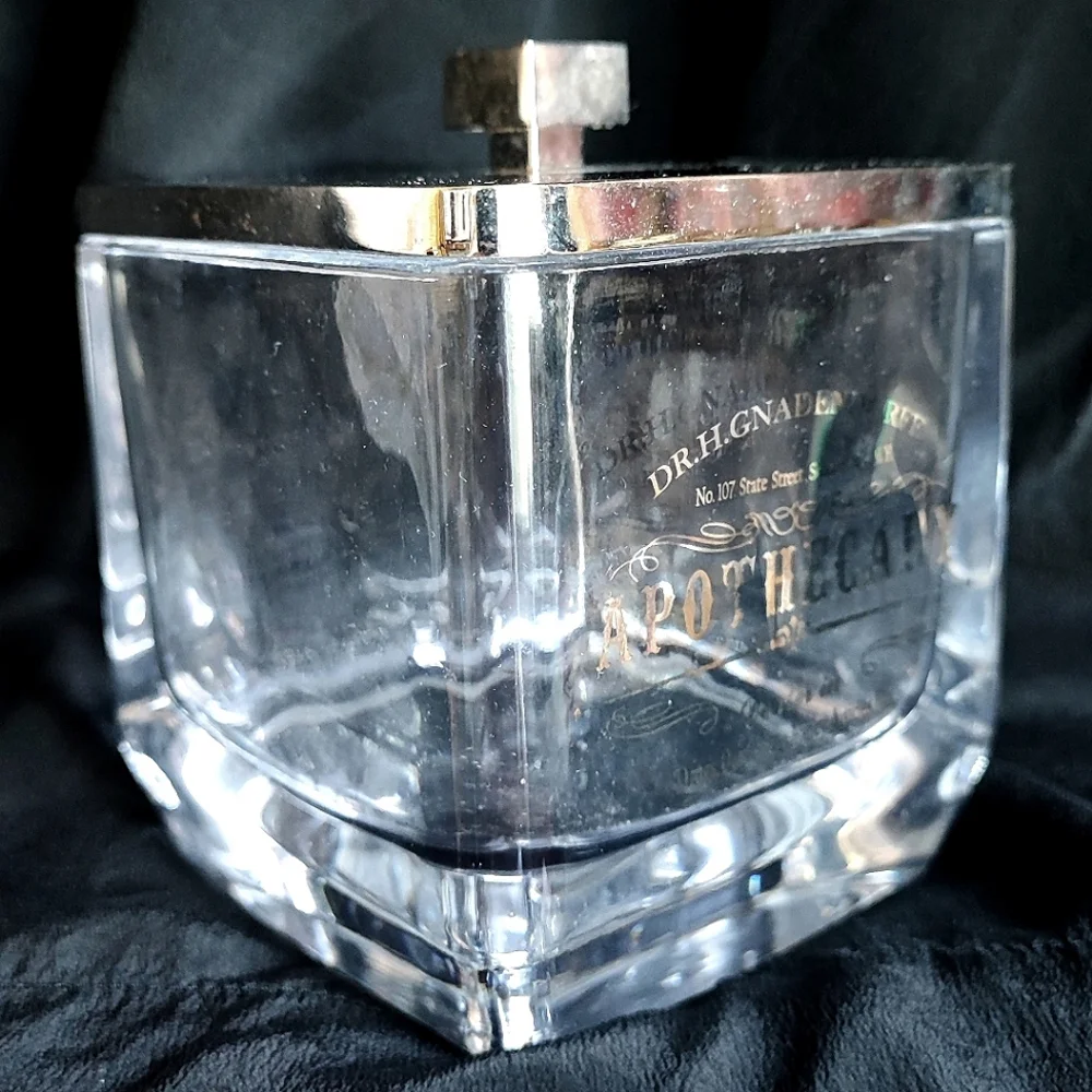 Heavy Glass Reproduction Apothecary Bath Jar Chrome Square Lid Metallic Writing